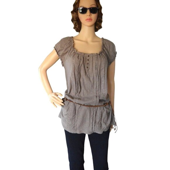 Vintage y2k F.A.N.G. Brown Boho Blouse Womens Size XL Beaded Hip Belt Cap Sleeve - Picture 1 of 7